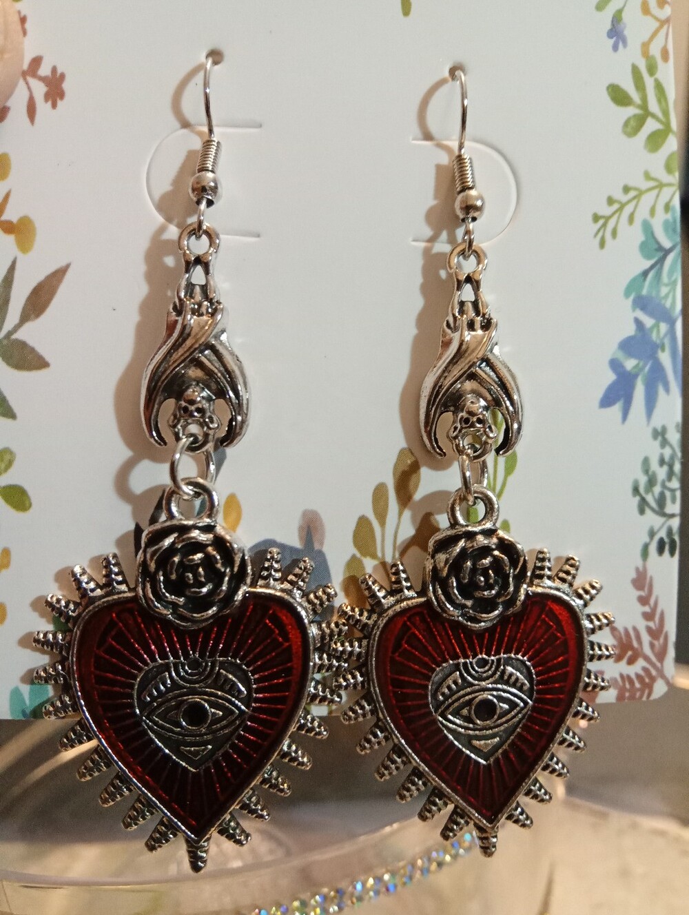 Red Heart Eye Drop Earrings - Women's Silver-Tone Jewelry